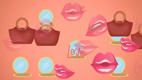 animation of handbags and lips icons on pink background