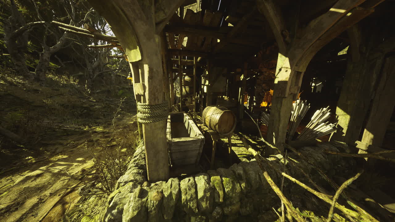 Rustic wooden structure with barrels in a lush forest setting