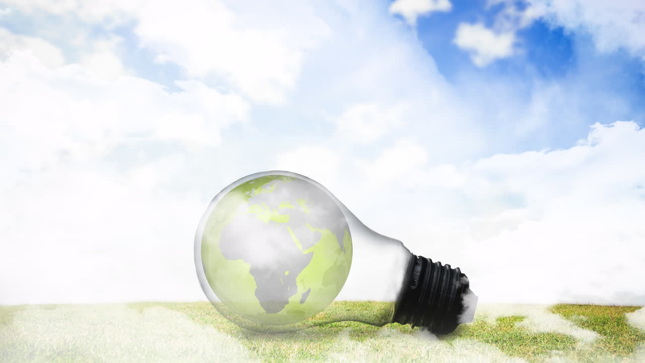 animación de una bombilla encendida con el planeta tierra sobre el fondo del cielo