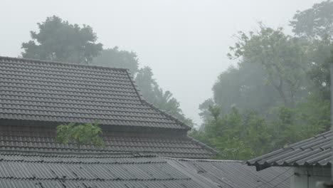 大雨吹起,落在房子的屋顶上