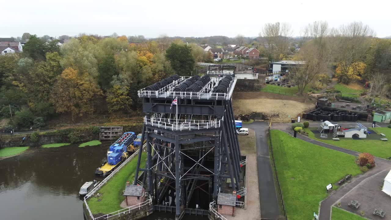 Industrial Victorian Anderton canal boat lift Aerial view River Weaver mid orbit right