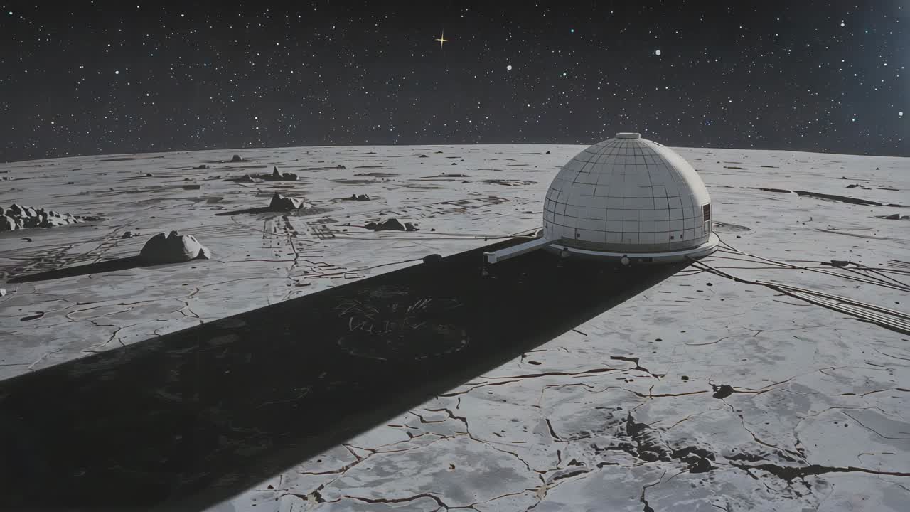 Shifting camera revealing white geodesic dome on regolith, showing dark swath, cables, crescent