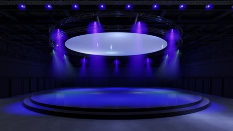 motion empty stage design for mockup and corporate identity,display.platform elements in hall.blank screen system for graphic resources.scene event led night light staging.3d background for online,event,conference,live.3 render.