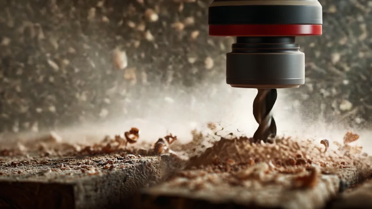 Primo piano dinamico di una punta da trapano in azione, che crea trucioli di legno e polvere mentre taglia il legno, catturando la forza e la precisione degli utensili elettrici.