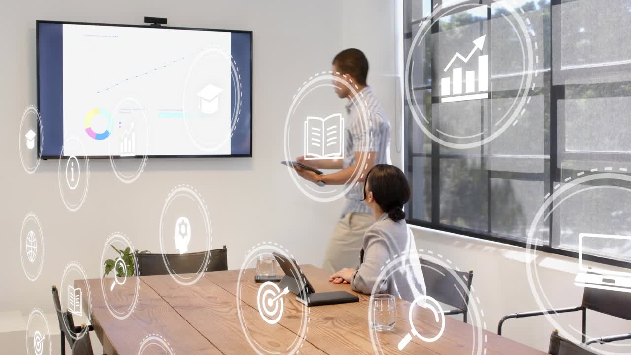 Team tapping tablets, man standing and adjusting screen while HUDs highlighting presentation chart