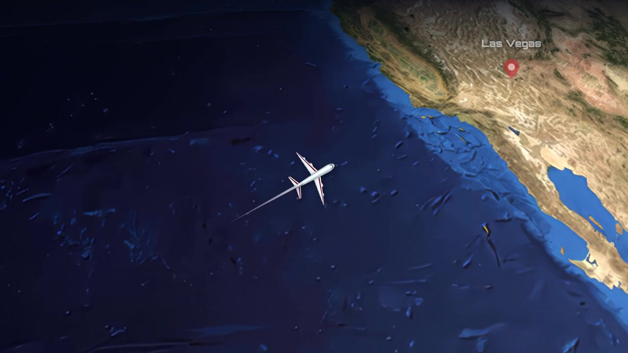Satellitvisningsanimation sporer et kommercielt fly, der flyver over Stillehavet mellem to byer.
