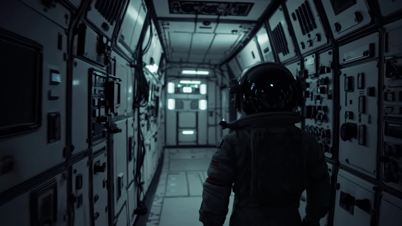 astronauta en un corredor de una nave espacial futurista