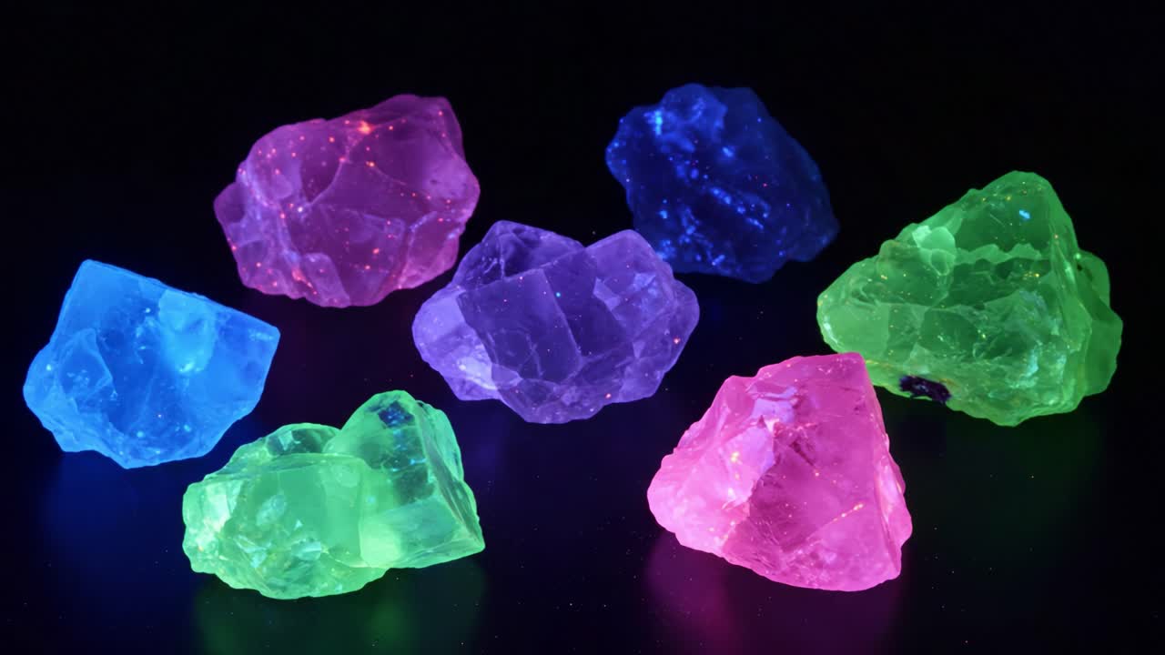A Mesmerizing Display of Colorful Glowing Crystals Highlighting the Intricate Beauty of Natural Minerals Under Ultraviolet Light