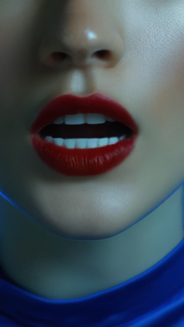 Primo piano di labbra truccate con rossetto che parlano con un bagliore delicato, enfatizzando un'estetica moderna e un audace contrasto cromatico in un contesto alla moda