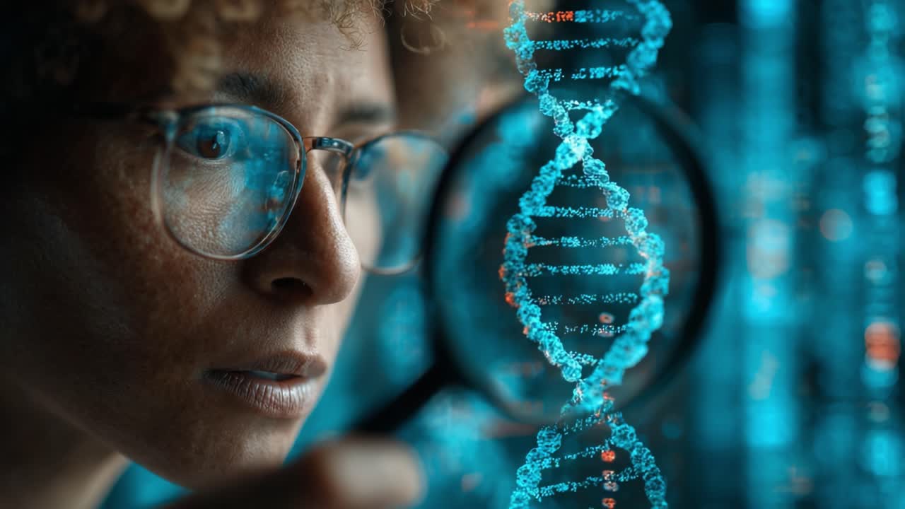 Analyse af genetiske strukturer: Et nærbillede af DNA gennem et forstørrelsesglas midt i en futuristisk digital baggrund