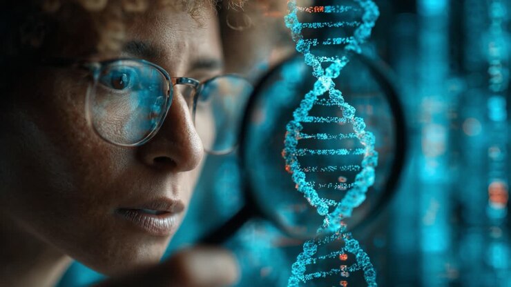 Analisi delle strutture genetiche: vista ravvicinata del DNA attraverso una lente d'ingrandimento su uno sfondo digitale futuristico
