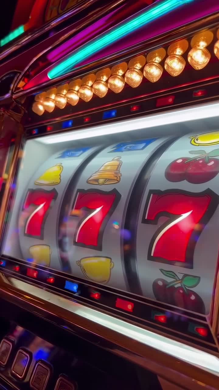 Video ravvicinato di una slot machine, che cattura colori e luci vivaci da un'angolazione