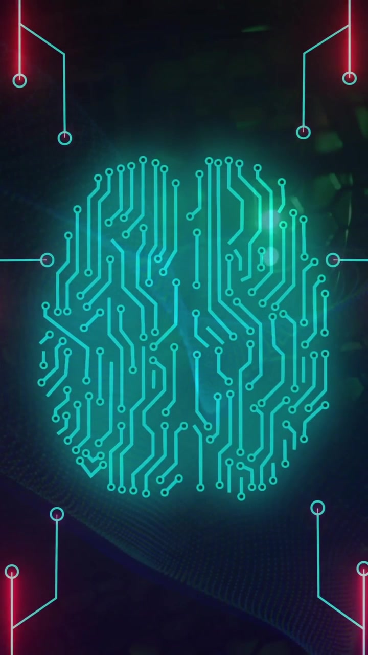 Animation of digital data processing over computer circuit board and ai brain