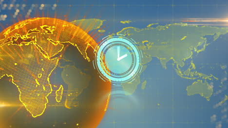 animación de reloj de neón que hace tic-tac sobre el globo giratorio y el mapa del mundo contra un fondo azul