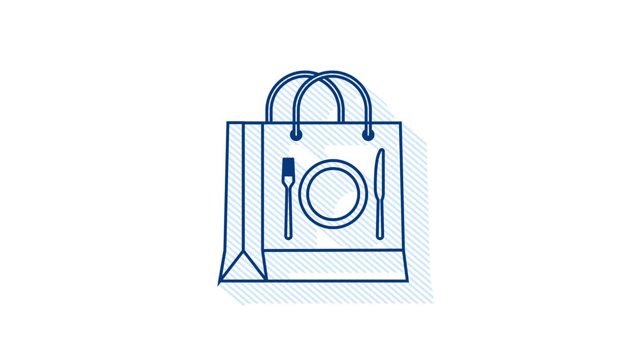 온라인 시장 - 패키지 종이 디자인을위한 음식 배달 가방과 함께 그림자 아이콘 - 온라인 상점 - 모션 그래픽