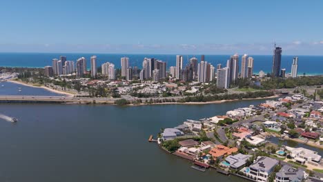 city skyline with waterways and residential areas