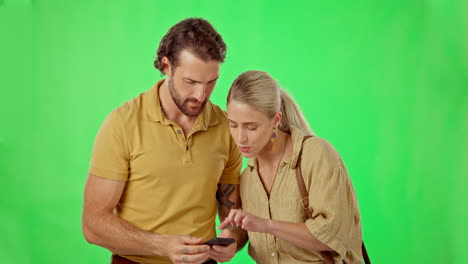 couple, lost and phone on green screen studio