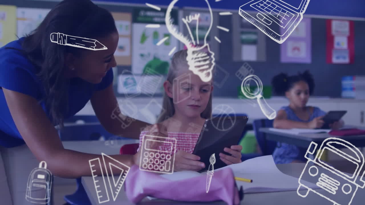 animación de iconos escolares sobre diversos escolares y maestras en el aula