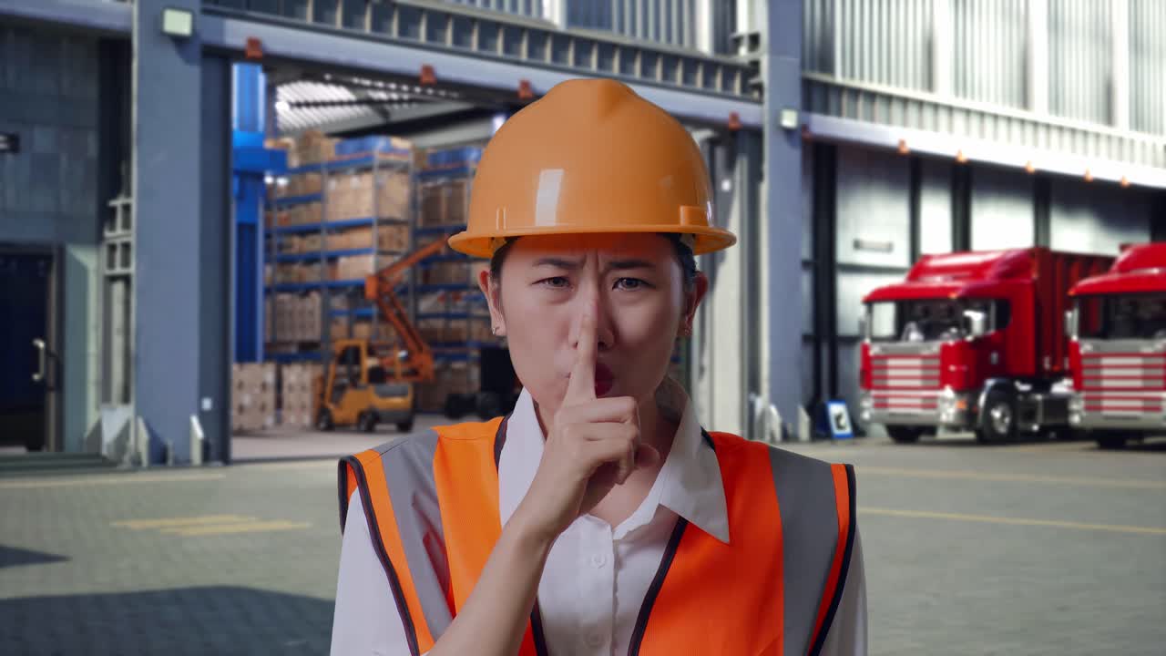Close Up Of Asian Female Engineer With Safety Helmet Making Shh Gesture, Outside of Logistics Distributions Warehouse