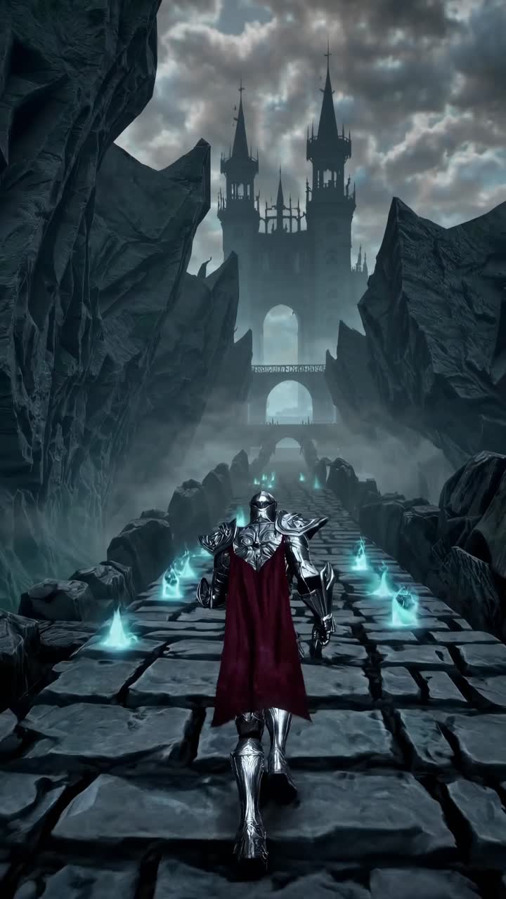 Epic fantasy video scene with a knight in armor walking on a stone path towards a gothic castle