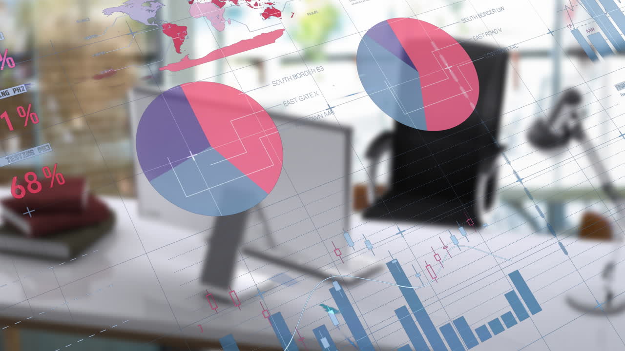 animación del procesamiento de datos financieros y estadísticas en oficinas vacías