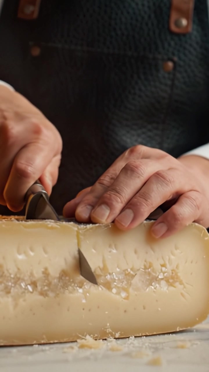 Taglio Esperto del Formaggio: Precisione nella Preparazione del Formaggio da un Artigiano Abile con Attenzione alla Tecnica e alla Consistenza in Ogni Fetta per il Massimo Rilascio del Sapore