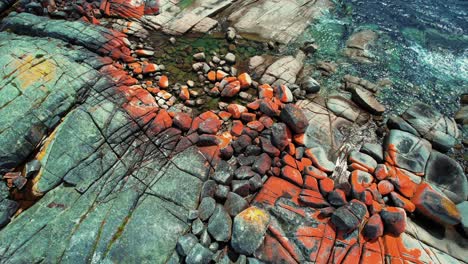 Bay-Of-Fires-Drone-Spiral-Pan-Orange-Boulders-Tasmania,-Australia