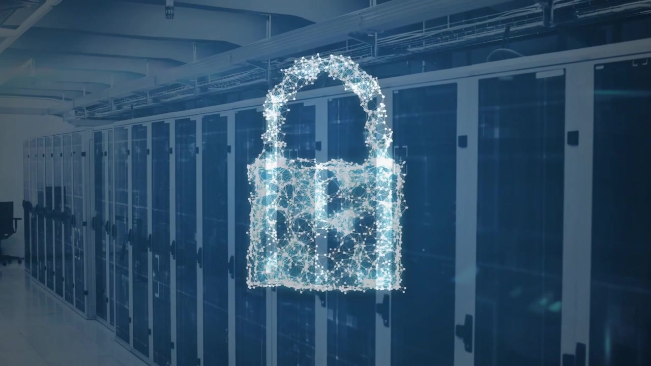 Digital Cloud Icon Transforming into a Security Padlock in a Data Center