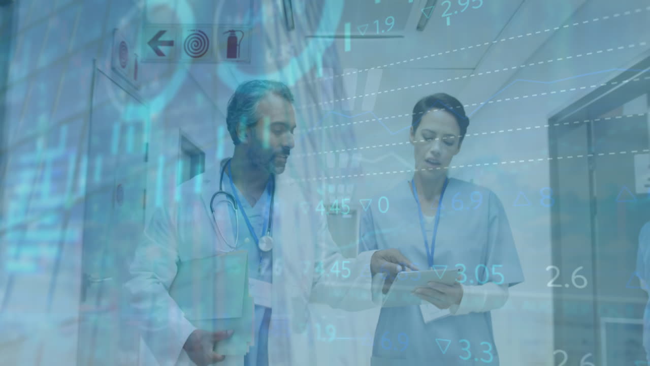 animación del procesamiento de datos del mercado de valores sobre diversos médicos masculinos y femeninos discutiendo en el hospital.