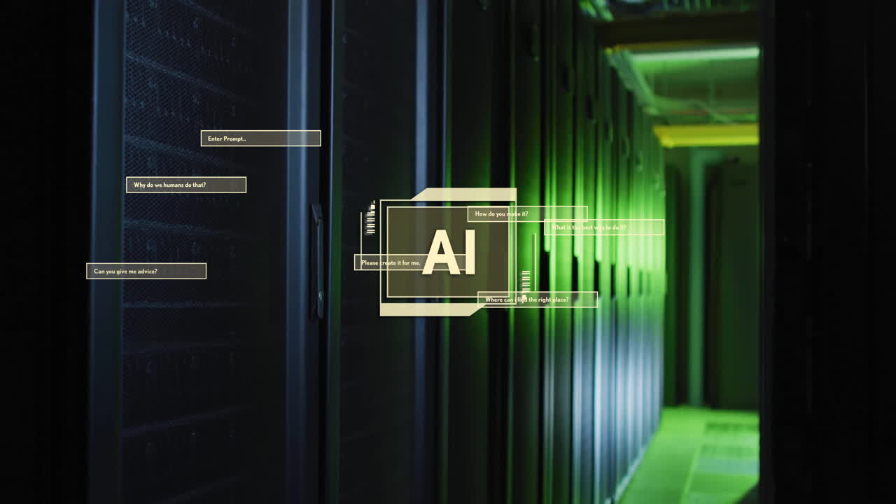 Animation of ai text and data processing over computer servers