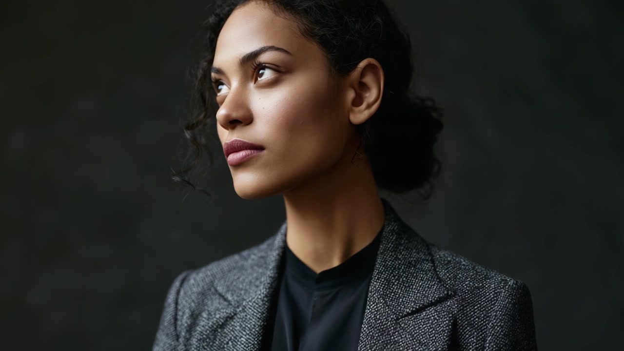 Un Profilo Elegante di una Donna Sicura di Sé in un Blazer di Stile, Catturata con Illuminazione Soffusa e uno Sfondo Scuro che Ne Esalta i Lineamenti e il Portamento