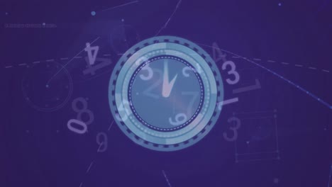Animation-Der-Uhr-über-Der-Datenverarbeitung-Auf-Violettem-Hintergrund