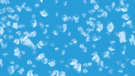 volando muchas máscaras blancas en fondo azul. concepto médico. máscaras de protección quirúrgicas. animación 3d de la máscara giratoria. animación de bucle.