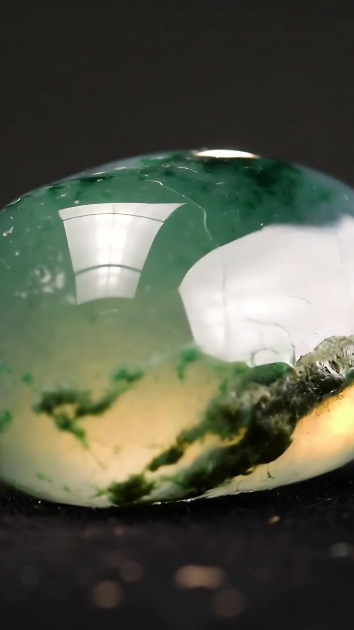 Video verticale: Telecamera in movimento che rivela un cabochon verde su un tappetino nero, con la luce che mostra inclusioni di muschio.