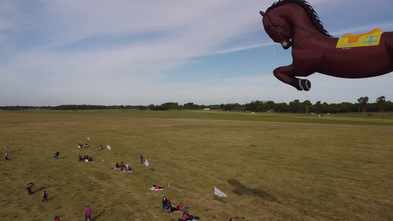 vista aérea de la cometa de caballo marrón volando en el cielo sobre pastos verdes durante el evento de aeromodelismo