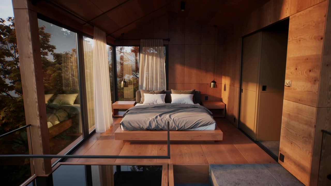 Pulling back camera revealing platform bed in cabin bedroom, exposing pool and forest for openness