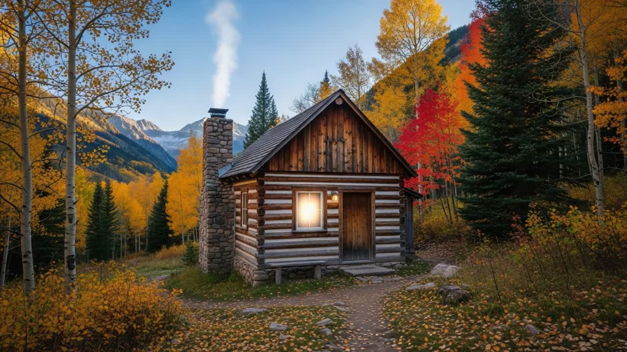 A Cozy Log Cabin Surrounded by Vibrant Autumn Foliage and Majestic Mountains, Radiating Warmth and Comfort Amidst Nature's Splendor