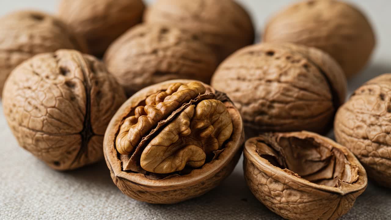 From Shell to Snack: A Close-Up Look at Walnuts Showcasing Their Intricate Texture and Nutritious Interior in Contrast to Their Hard Exterior