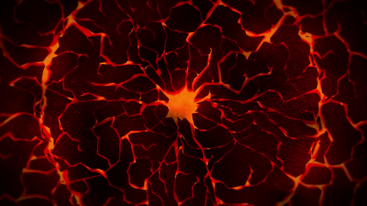 fondo oscuro con suelo agrietado rojo. humo, niebla, polvo. animación de bucle de lava derretida. superficie de la tierra. suelo de combustión de calor.