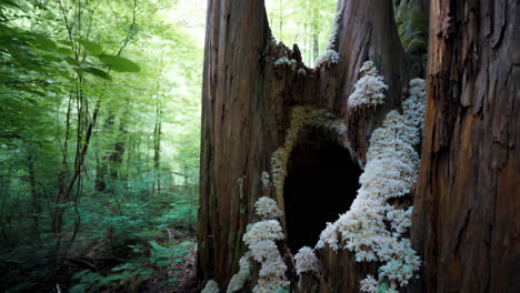 hollow tree trunk with white fungi in a lush green forest