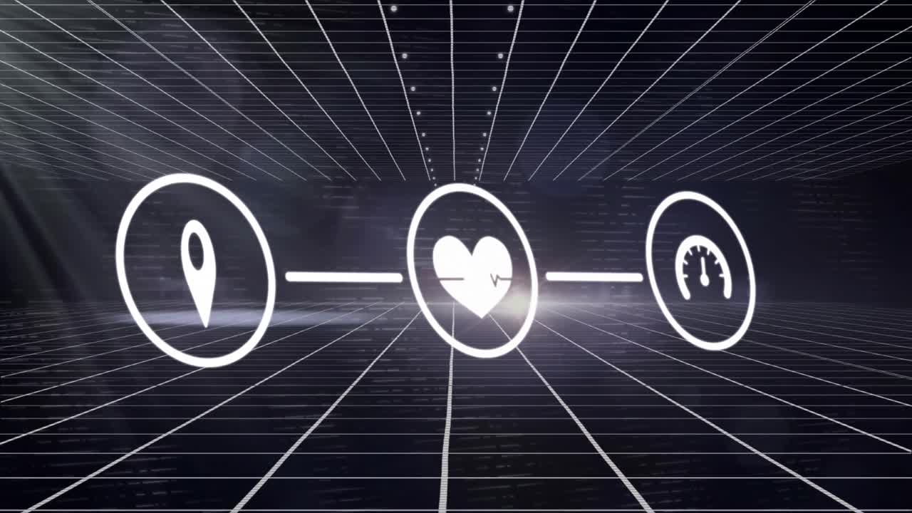 그리드 네트워크와 회색 배경에 대한 빛의 점 위에 디지털 아이콘 네트워크의 애니메이션