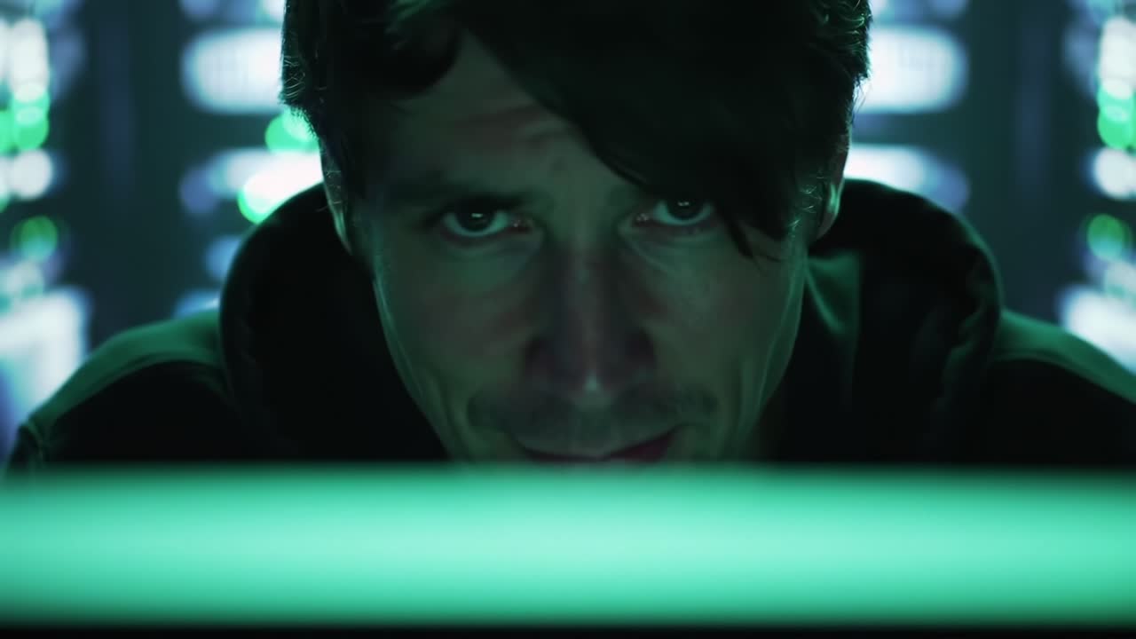 A Mysterious Figure Engaged in Digital Activity, Surrounded by a Futuristic Environment Filled with Green Lights and Data Servers, Capturing an Intriguing Moment of Intense Focus and Technology