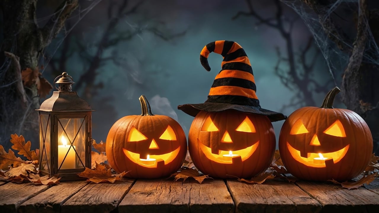Gruppo di Jack-o'-lantern illuminati e una vecchia lanterna su una terrazza in legno in una foresta notturna nebbiosa