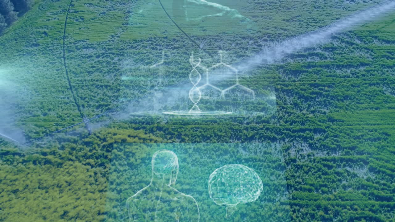 Mobile irrigation sprinkler tower spraying fine water mist over green crop rows in flat design