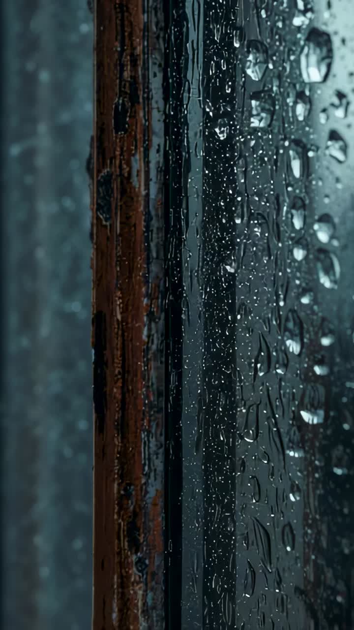 Vertical video: Forming from rain, drops merging on pane inside, trim left, focus shifting to bokeh