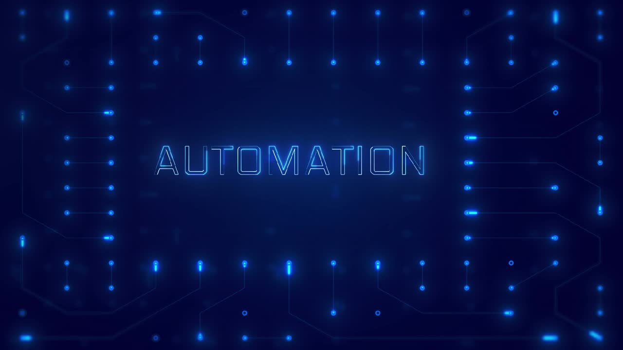 Texto de automatización en una placa de circuito digital con luces azules brillantes