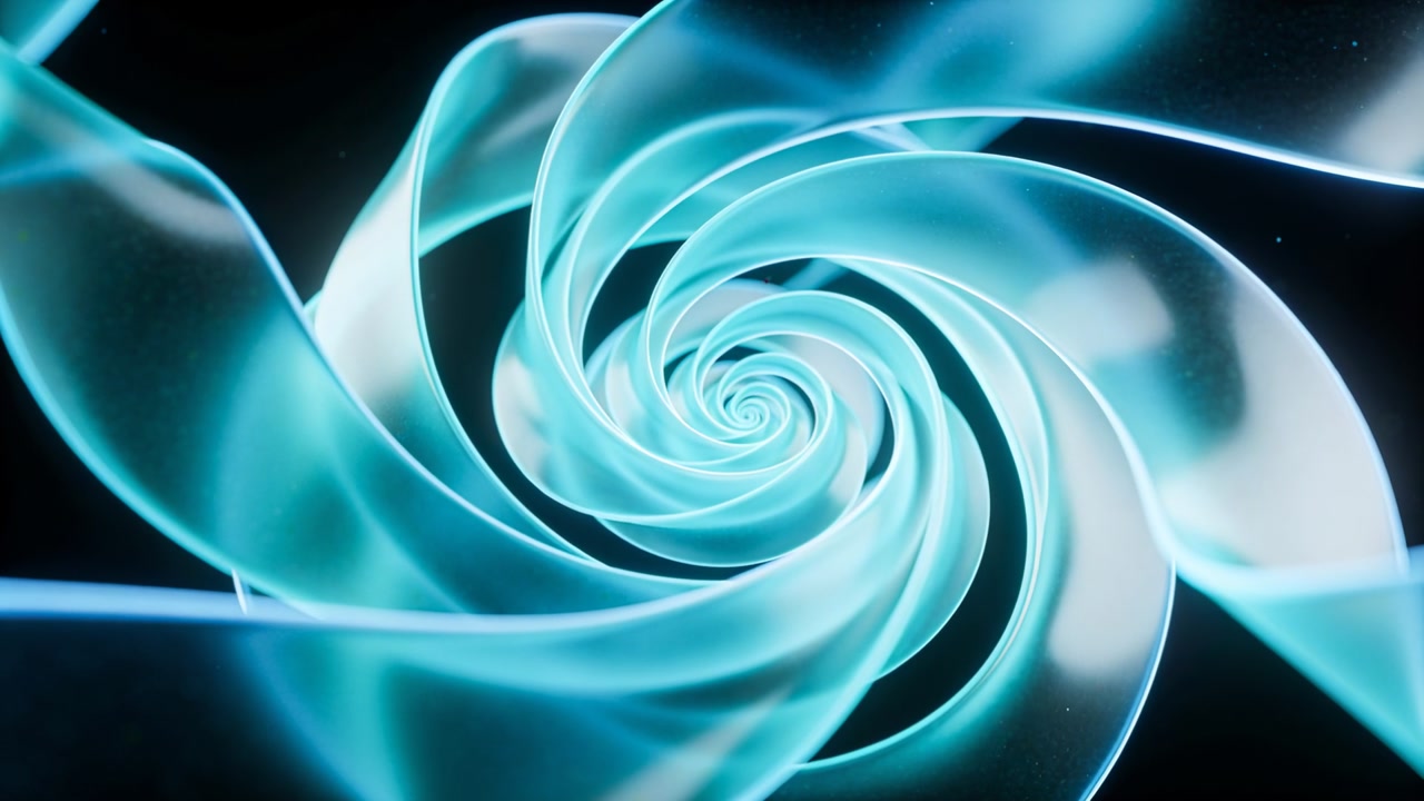 Animation starting, rotating cyan ribbon spiral curving into central core in dark void, with specks