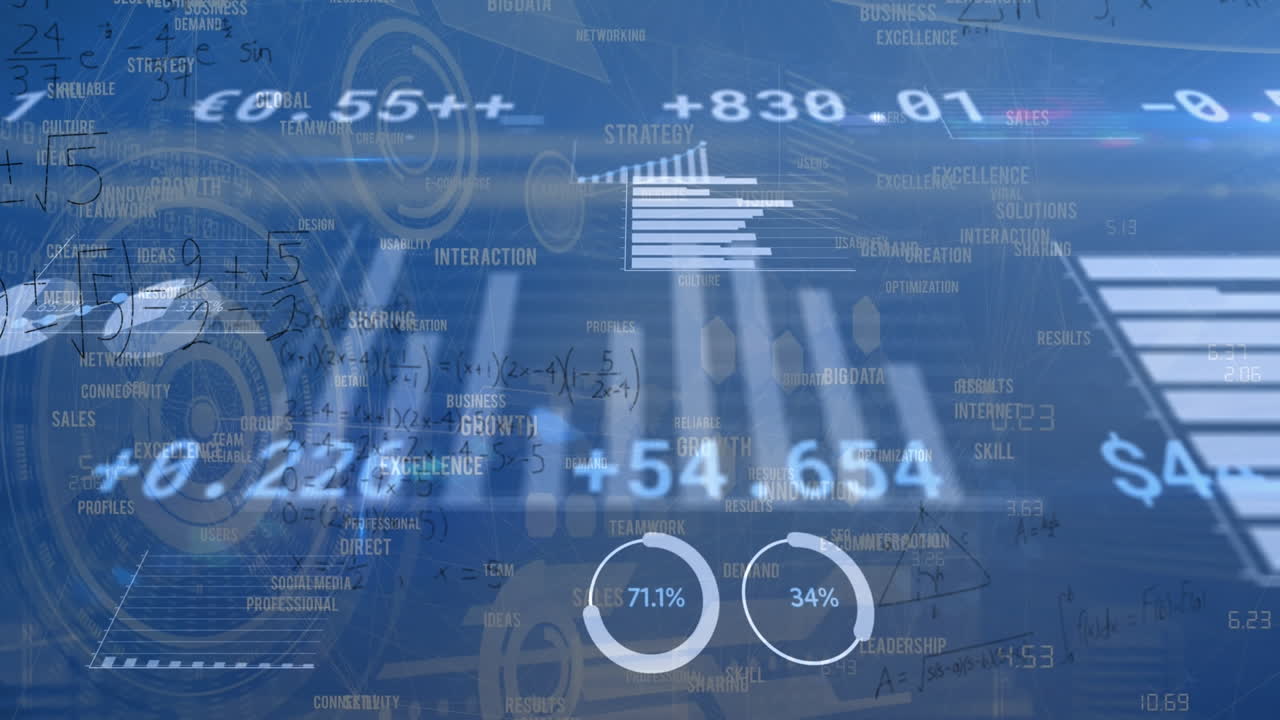 Animation of numbers, graphs and financial data on navy background