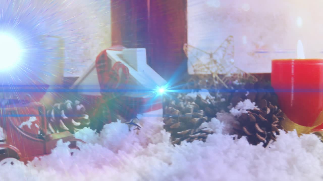 Animation of glowing lights moving over fir tree cones christmas decorations