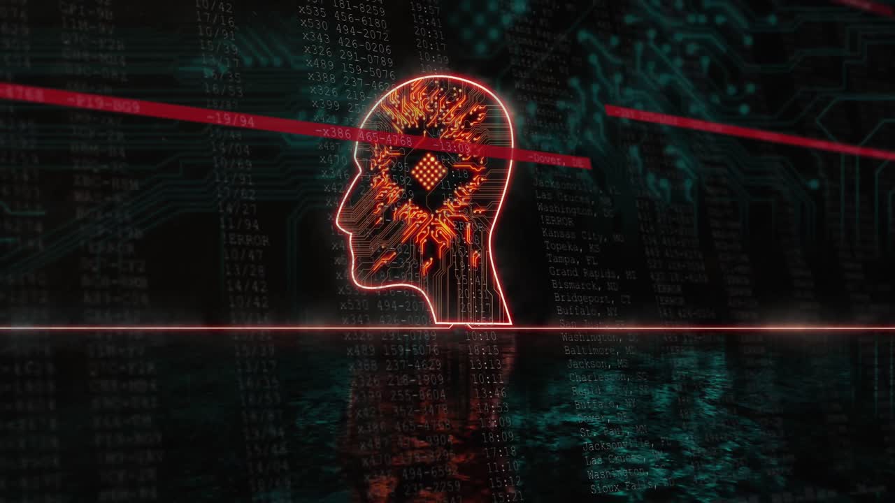 animación del circuito integrado sobre el perfil de la cabeza y del circuito integrado sobre fondo negro